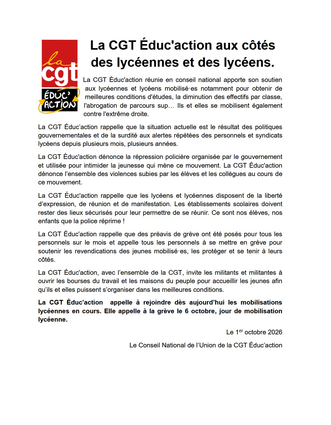 logo La CGT Éduc'action aux côtés des lycéennes et des lycéens.